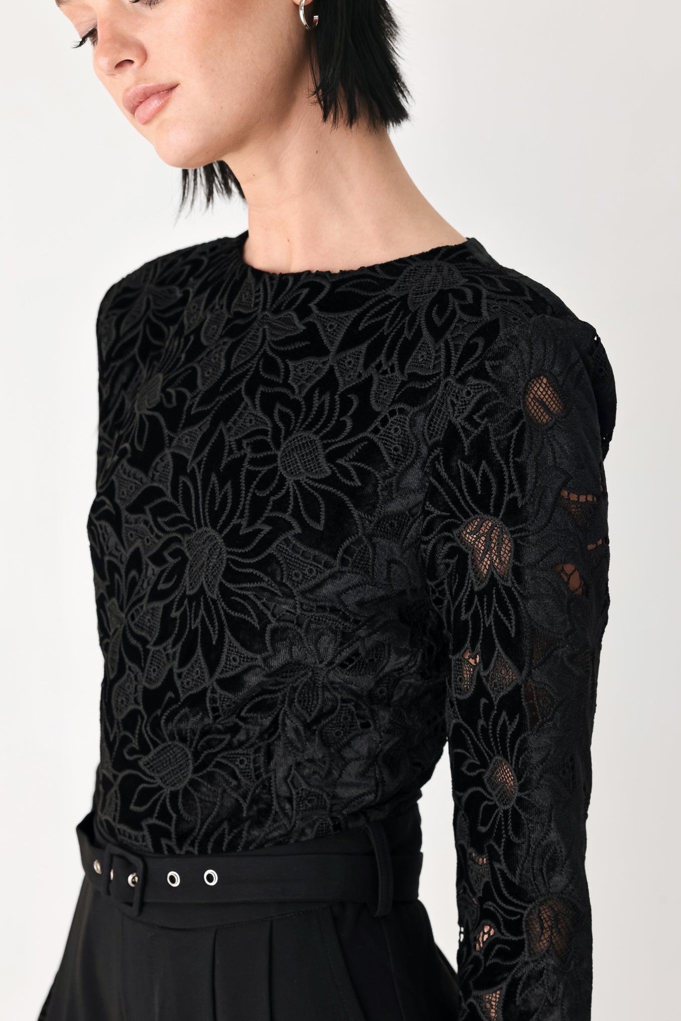 Womens Lace Long Sleeve Wide Leg Jumpsuit With Self Belt