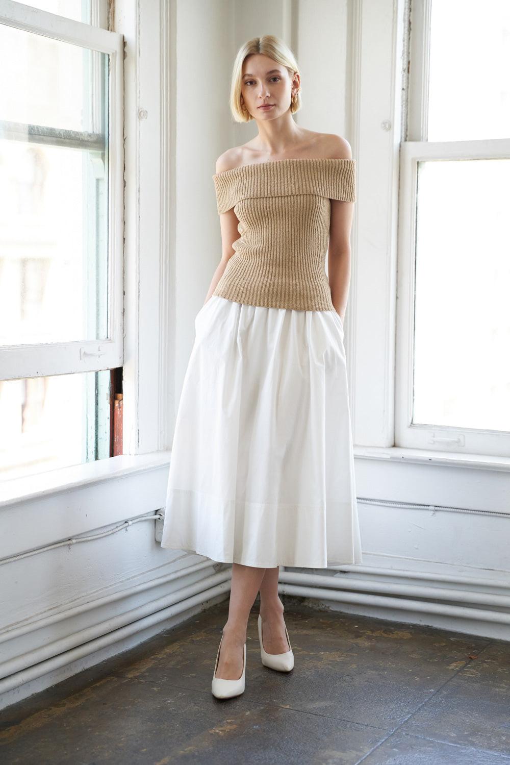 Flying Tomato Precious Approach Shoulder Top in a subtle hue, highlighting its elegant drape and sophisticated design.