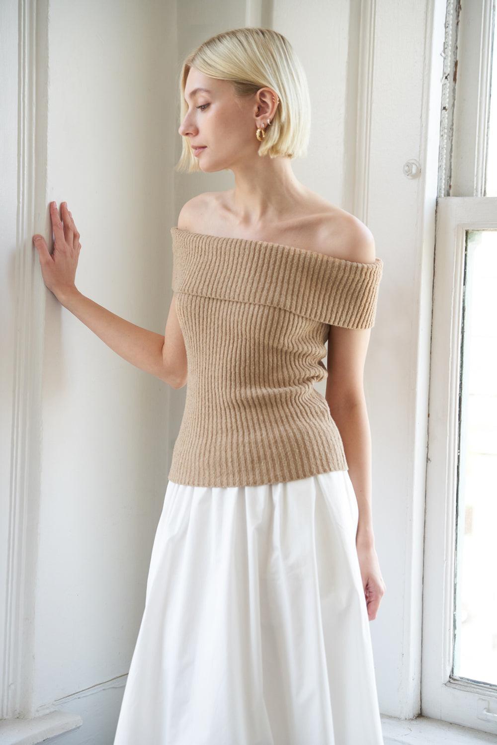 Flying Tomato Precious Approach Shoulder Top, showcasing the elegant off-shoulder design and soft knit texture.