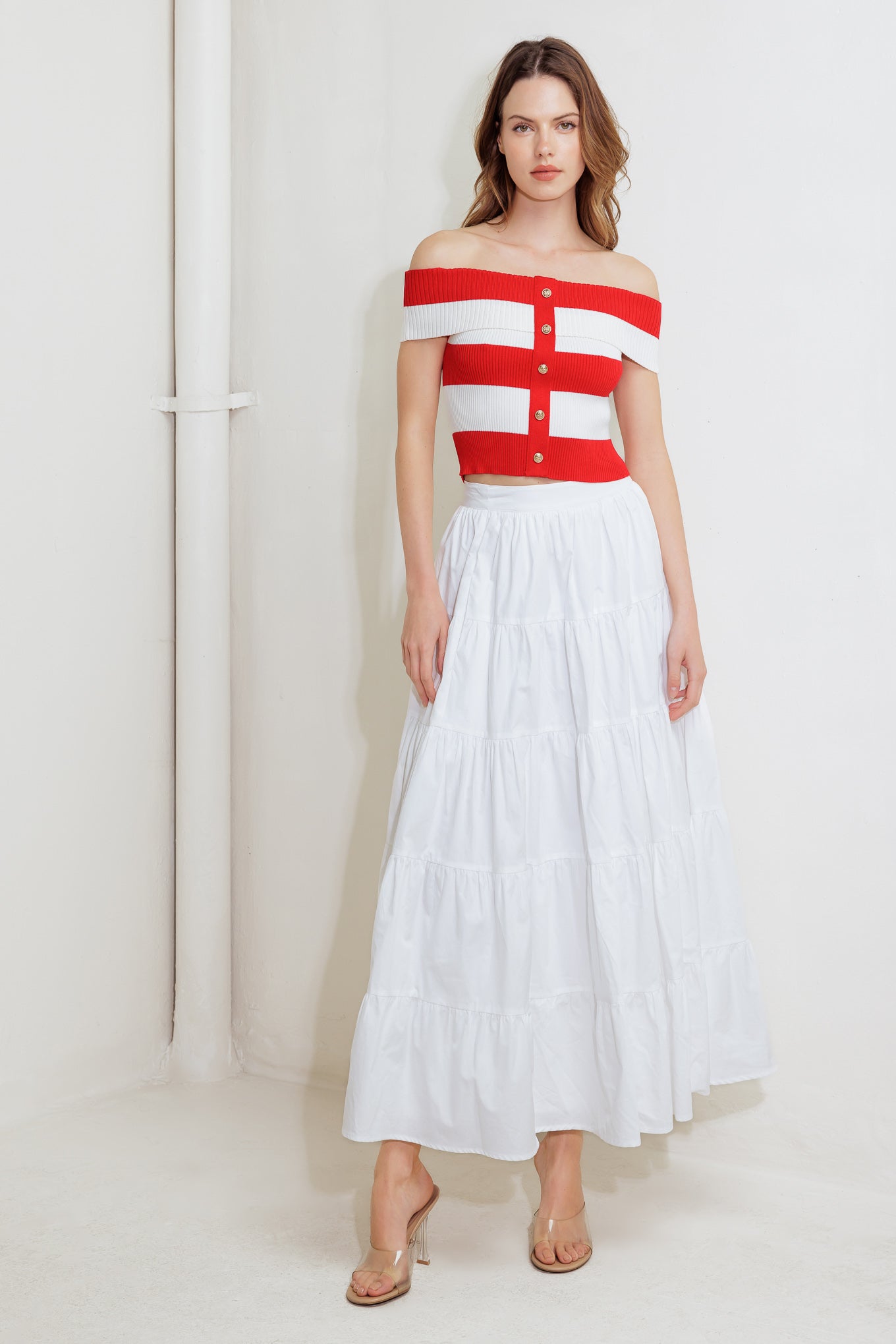 Red Knit Crop Top Off Shoulder Striped Button Down Top
