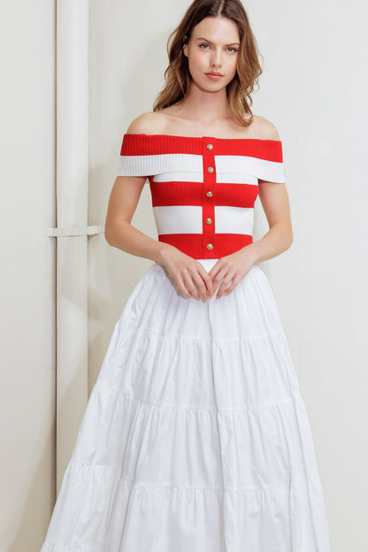 Red Knit Crop Top Off Shoulder Striped Button Down Top