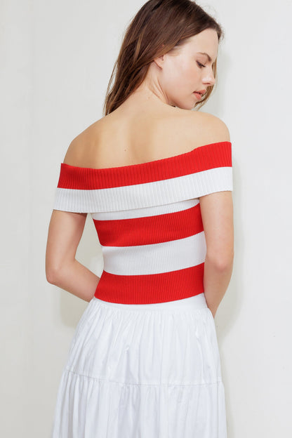 Red Knit Crop Top Off Shoulder Striped Button Down Top