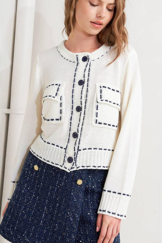 Flying Tomato Mono Frame sweater knit top in neutral tone with round neckline and long sleeves