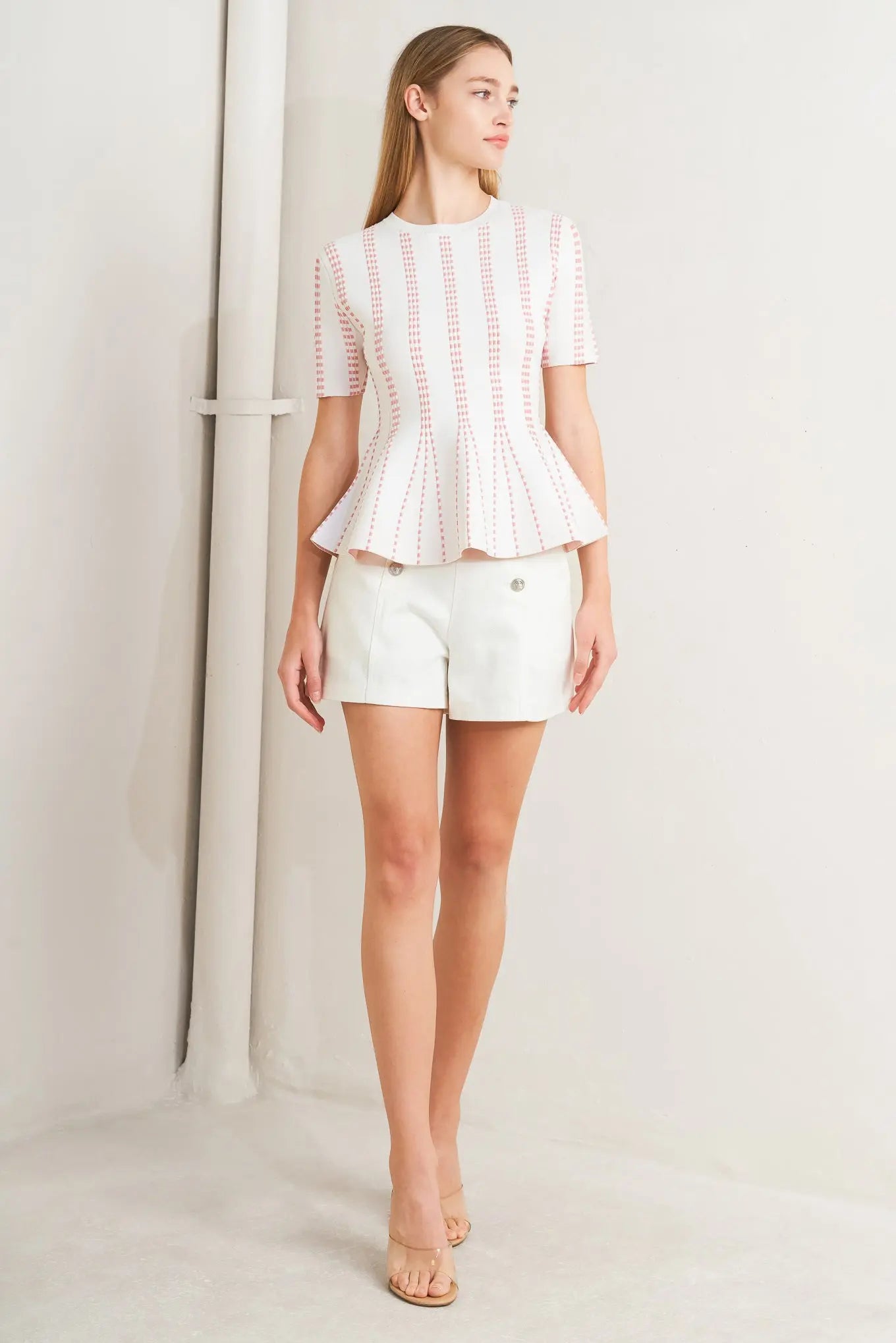 Evening Rustle Jacquard Sweater Top Round Neckline Short Sleeve Peplum Flying Tomato