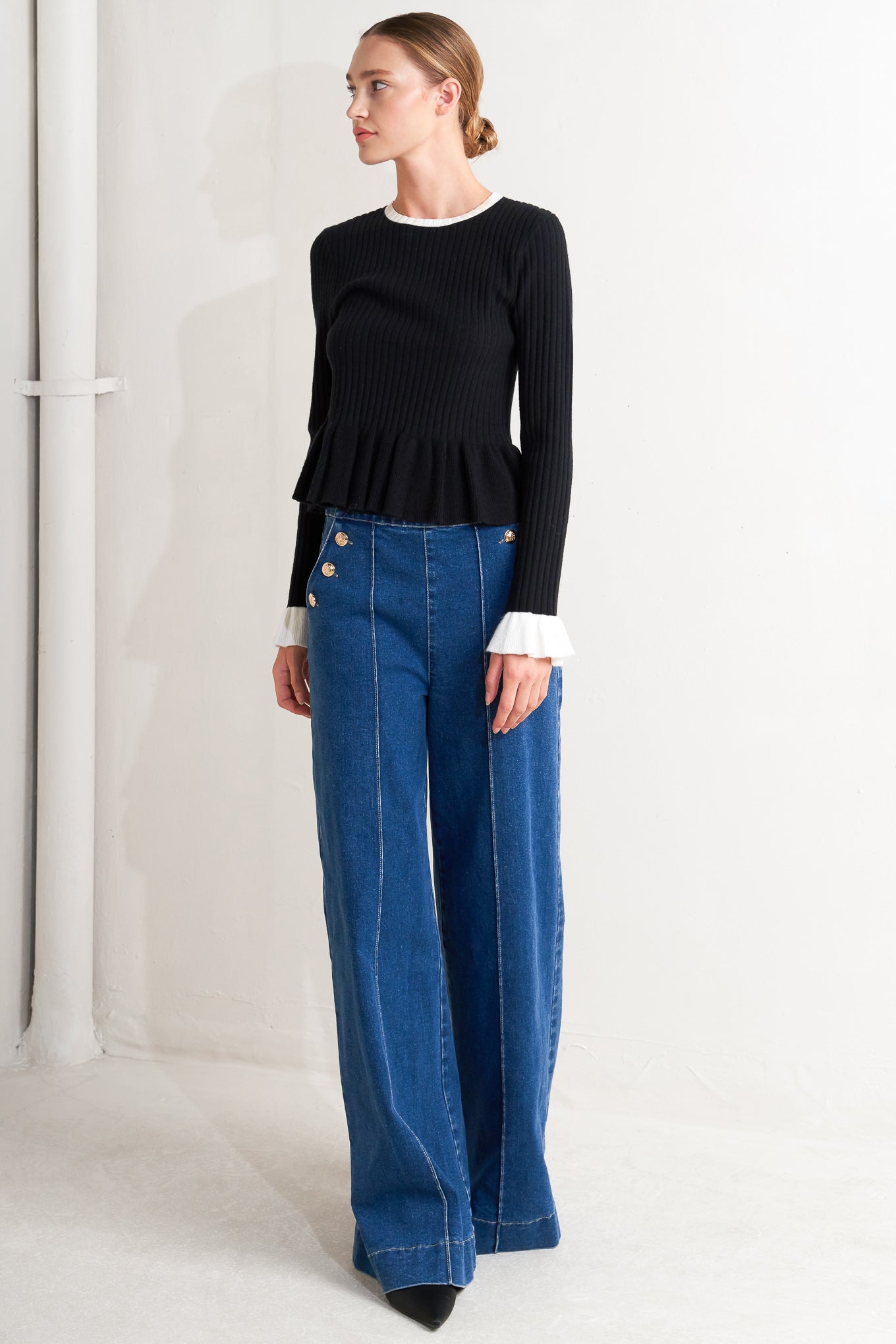 Delicate Edge Sweater Knit Top With Ruffled Sleeves Flying Tomato