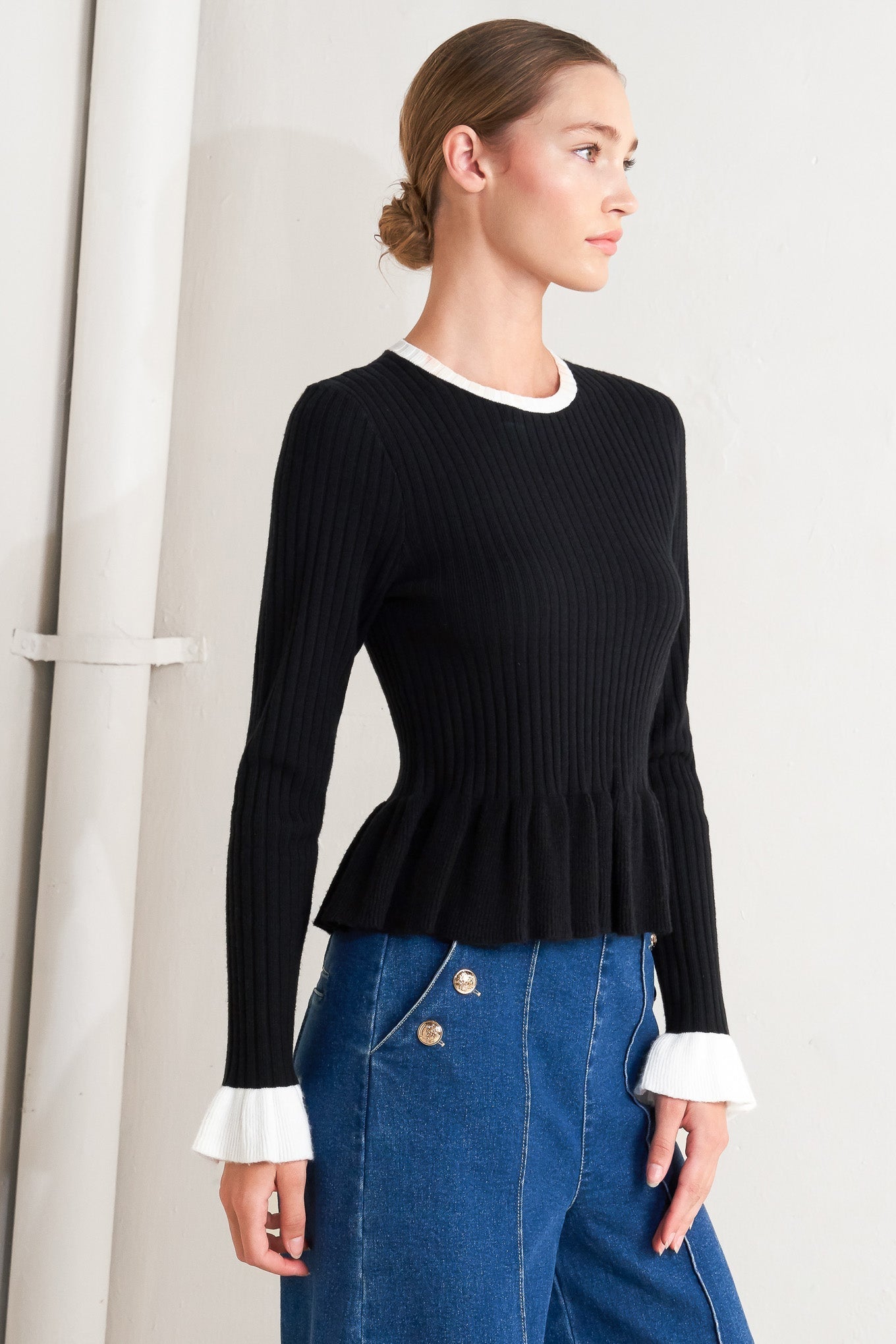 Delicate Edge Sweater Knit Top With Ruffled Sleeves Flying Tomato