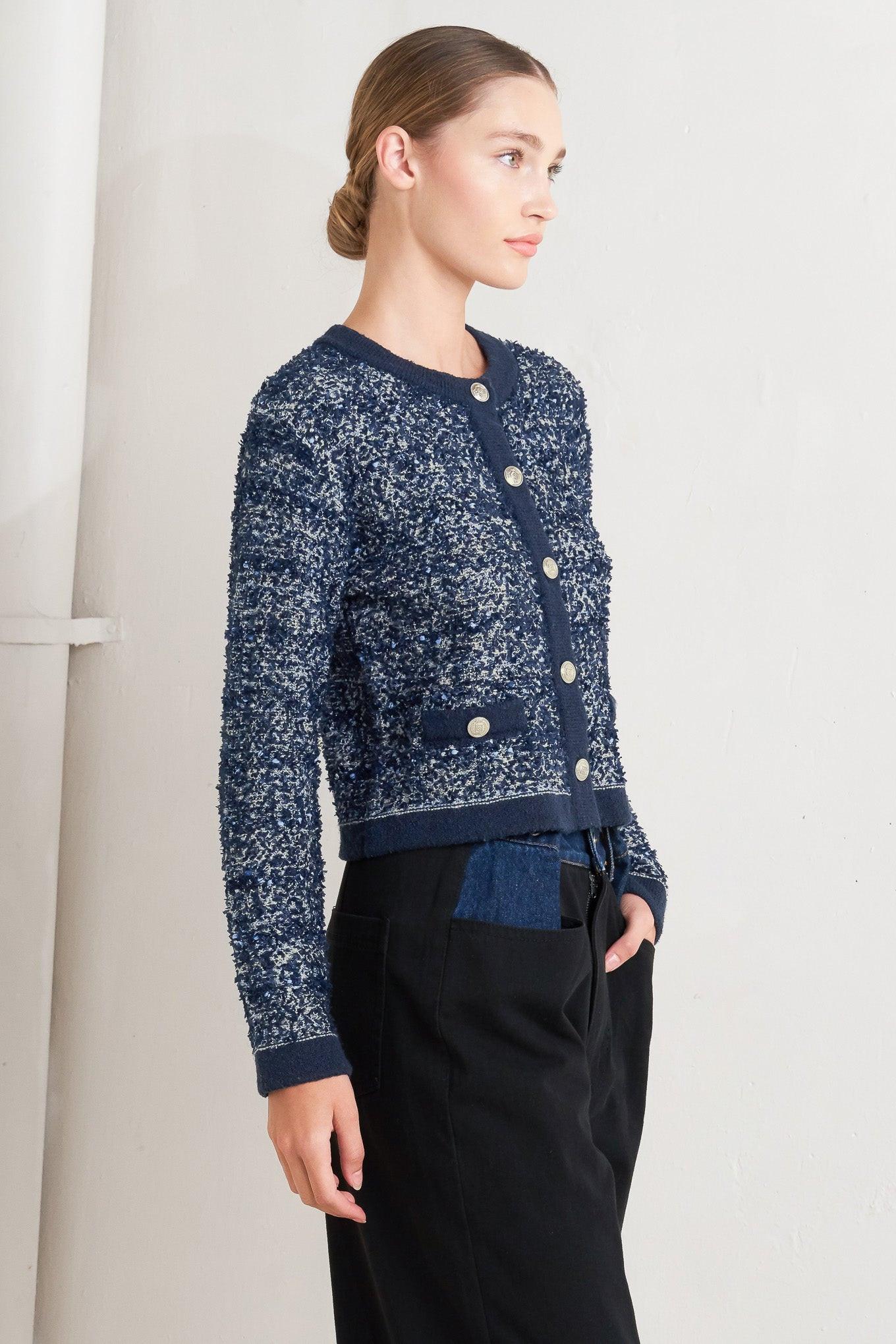 Back view of the Flying Tomato Boutique Glance Sweater Knit Cardigan, revealing its smooth silhouette and elegant drape.