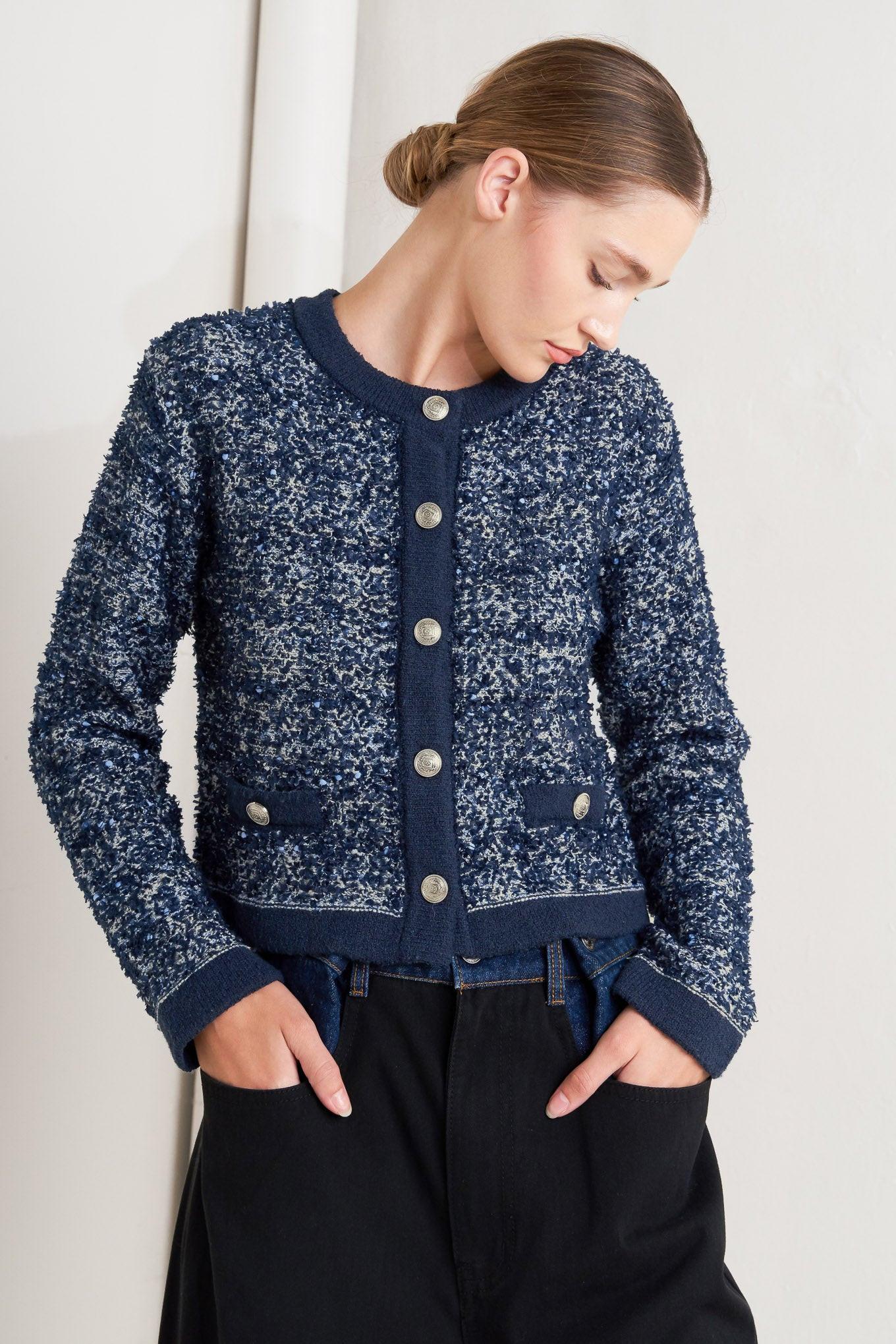 Detailed close-up of the Flying Tomato Boutique Glance Sweater Knit Cardigan's luxurious, soft-touch yarn fabric.