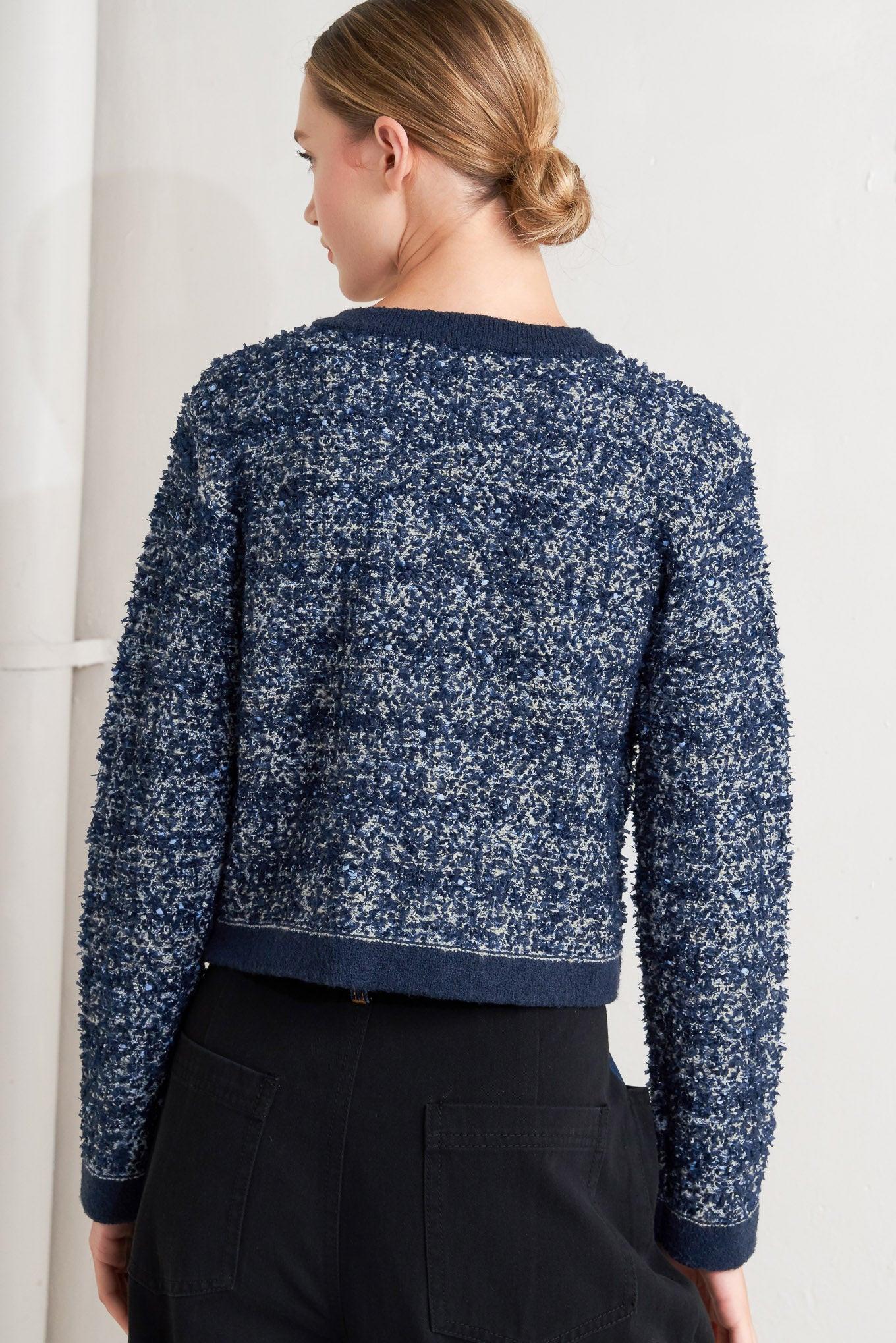 Close-up of the Flying Tomato Boutique Glance Sweater Knit Cardigan's intricate soft knit texture and ribbed cuff detail.