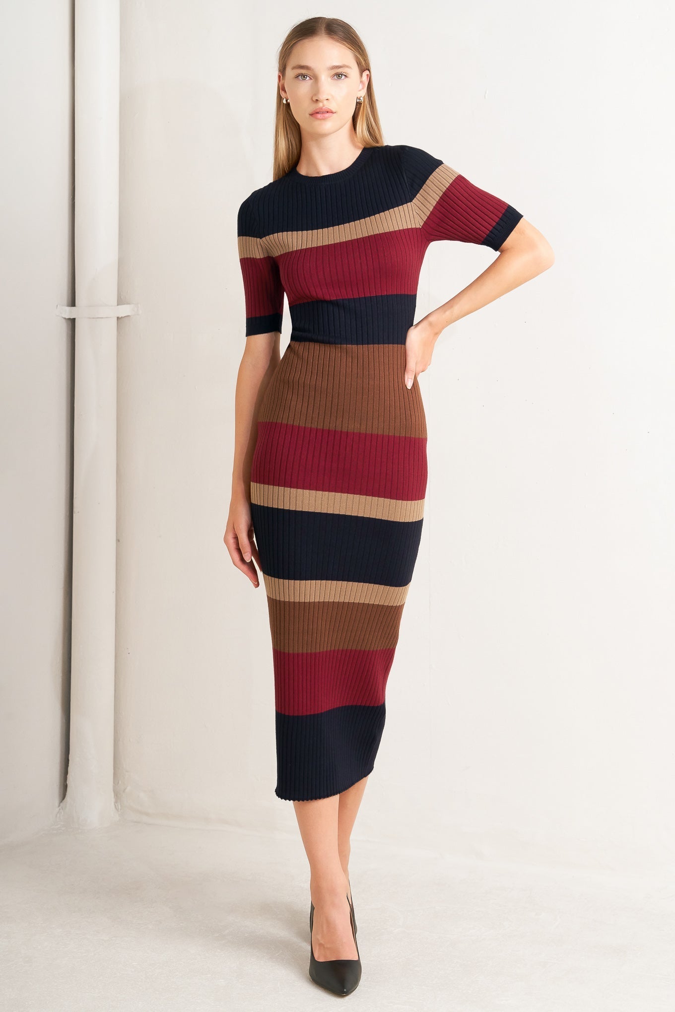 Fall Rhythm Color Blocked Midi Ribbed Sweater Dress Round Neckline Short Sleeve Flying Tomato