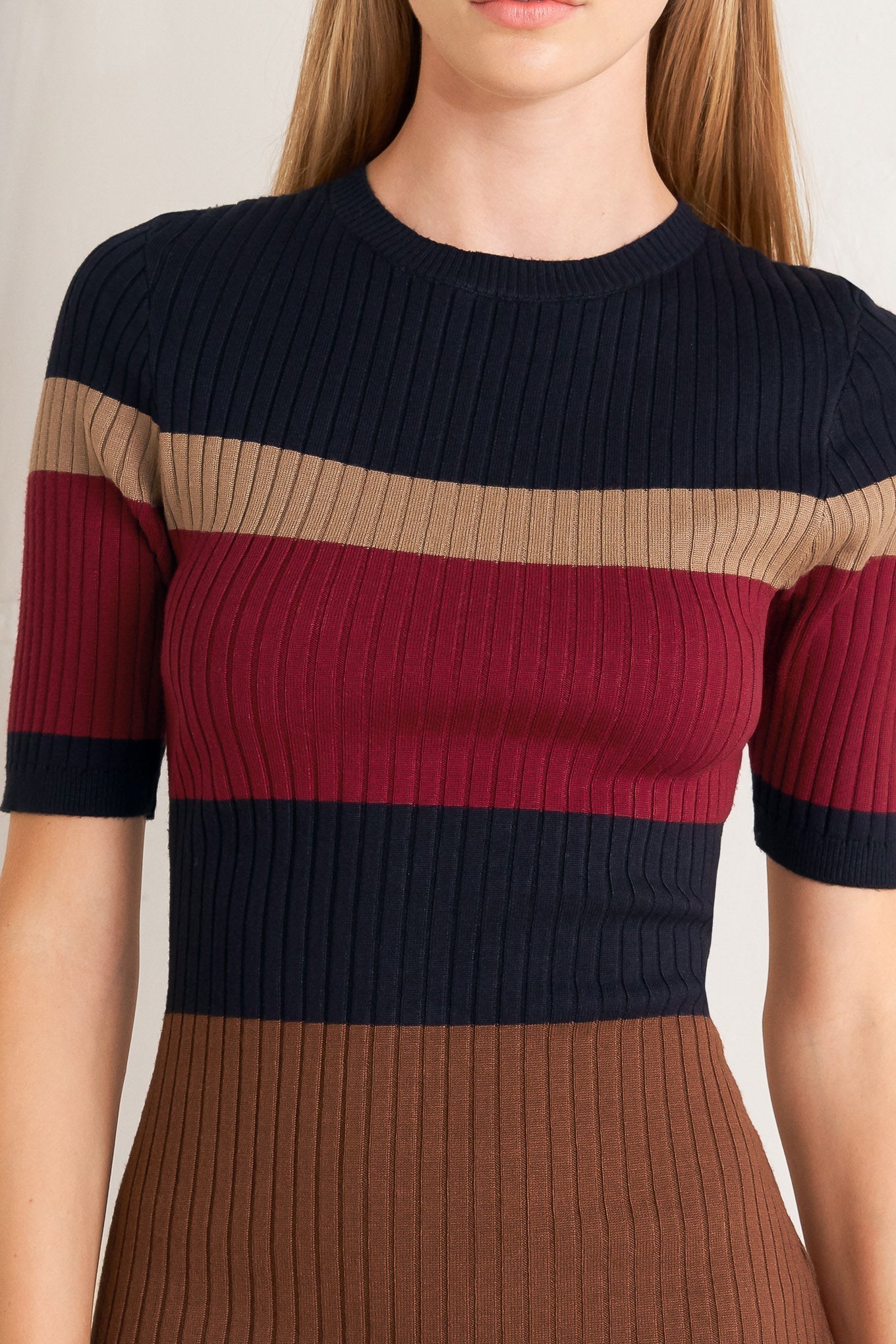 Fall Rhythm Color Blocked Midi Ribbed Sweater Dress Round Neckline Short Sleeve Flying Tomato