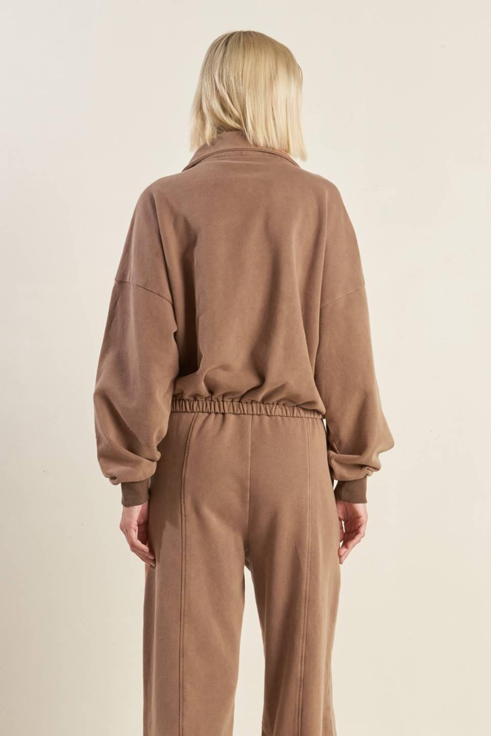 Flying Tomato DELIGHTFUL DRAPE FRENCH TERRY SWEATSHIRT from Love Salve, side view, highlighting its elegant drape and comfort