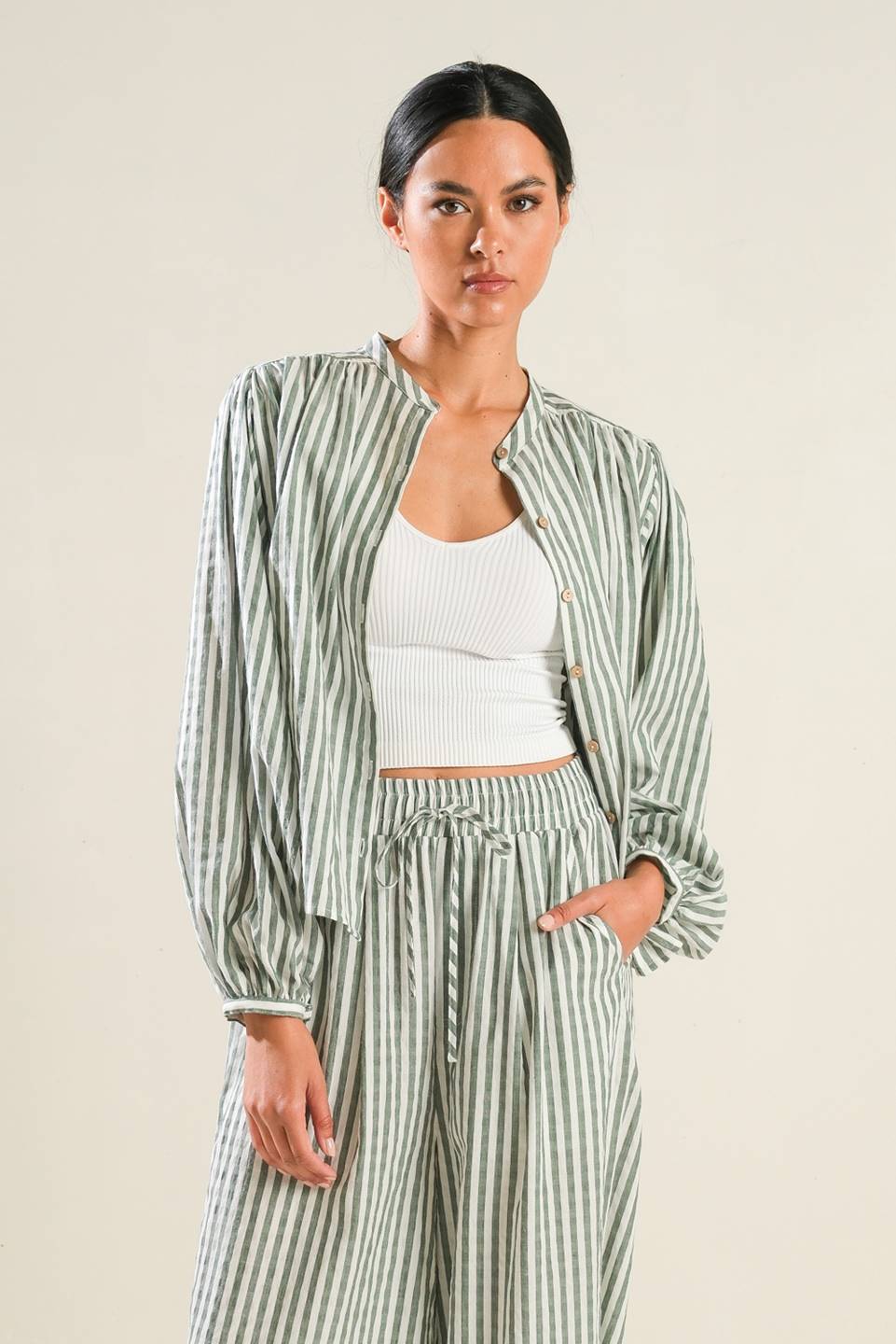 Striped Peasant Top With Long Blouson Sleeve Button Down And Matching Pants Flying Tomato