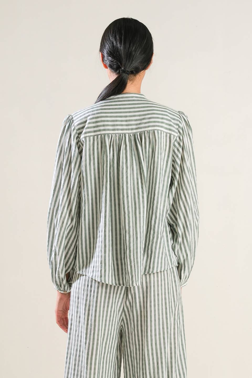 Striped Peasant Top With Long Blouson Sleeve Button Down And Matching Pants Flying Tomato