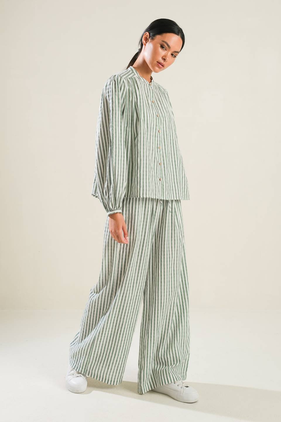 Striped Peasant Top With Long Blouson Sleeve Button Down And Matching Pants Flying Tomato