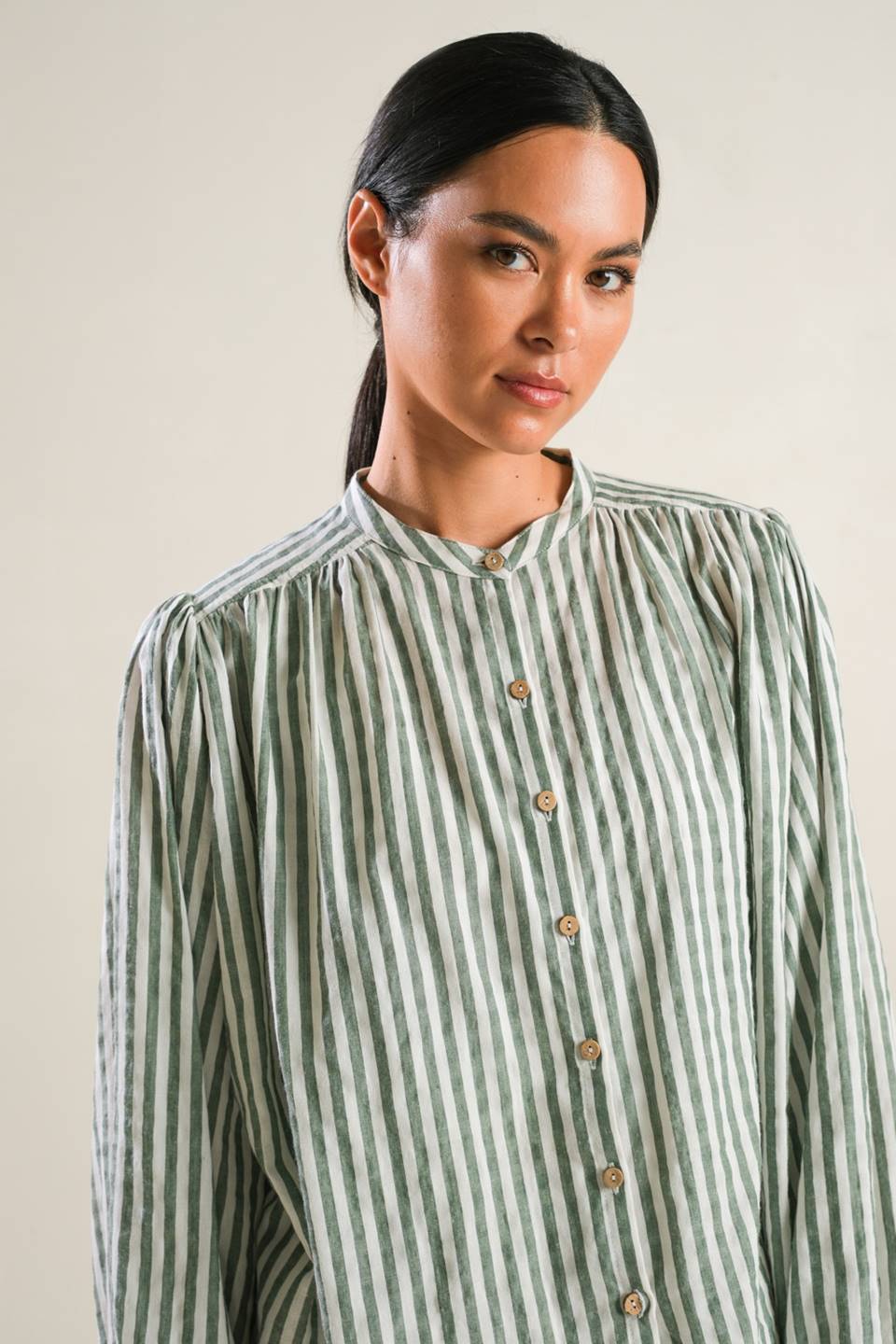 Striped Peasant Top With Long Blouson Sleeve Button Down And Matching Pants Flying Tomato