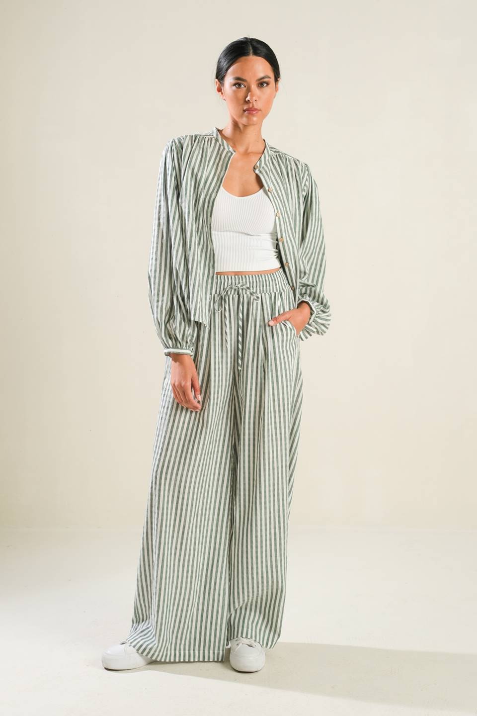 Striped Peasant Top With Long Blouson Sleeve Button Down And Matching Pants Flying Tomato