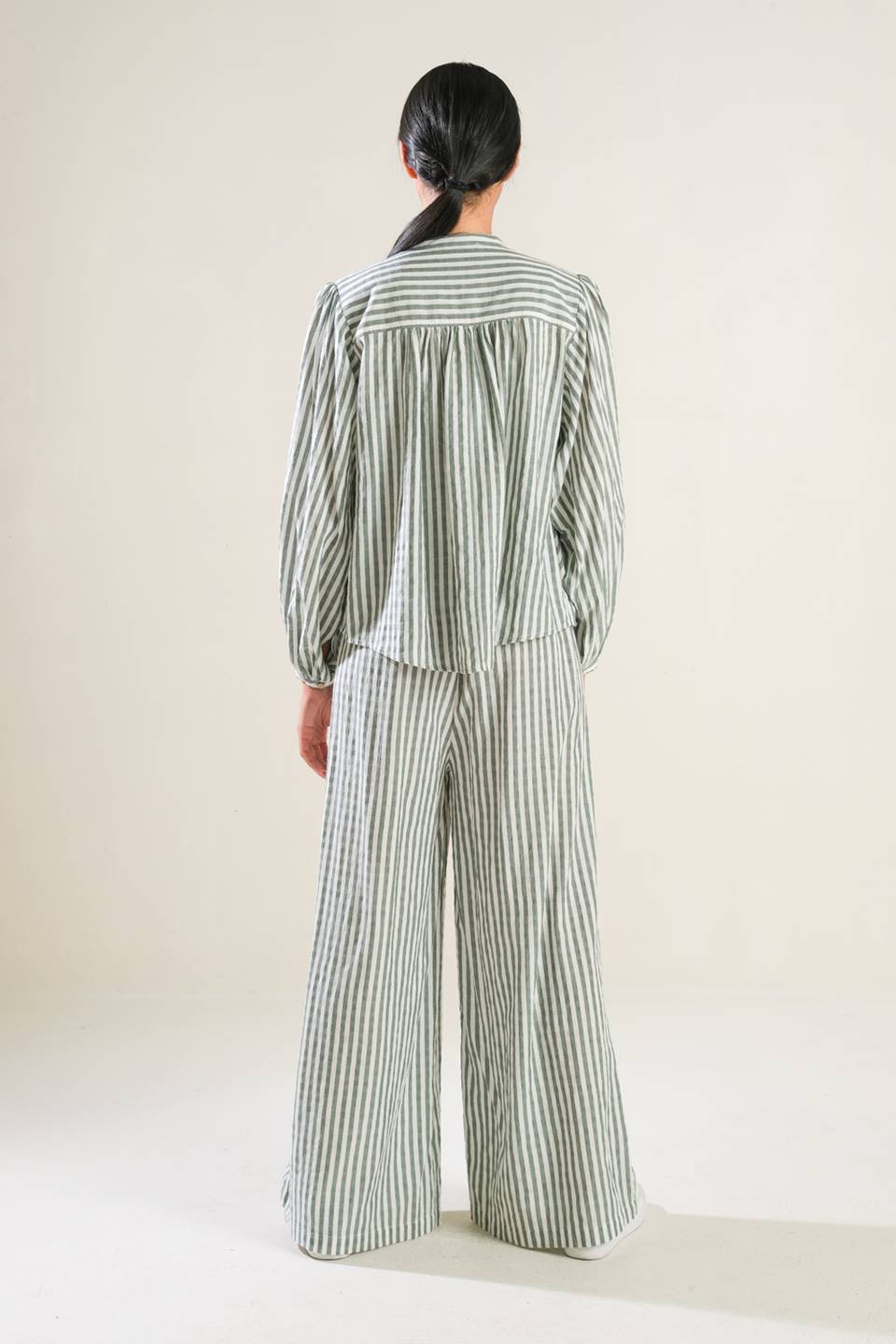 Striped Peasant Top With Long Blouson Sleeve Button Down And Matching Pants Flying Tomato