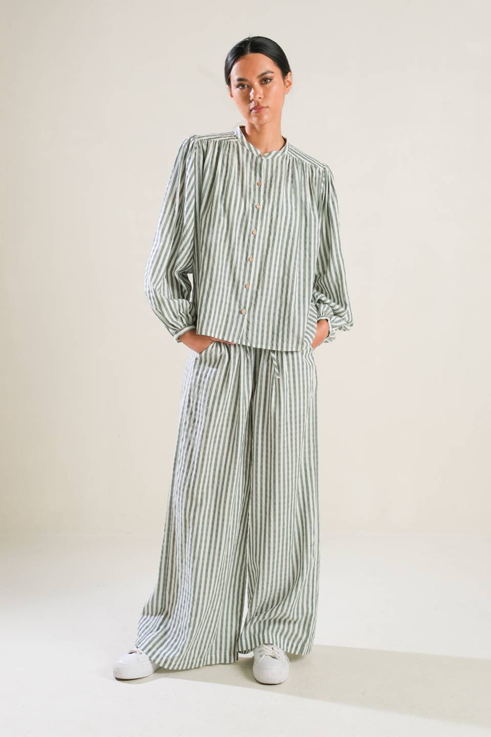 Striped Peasant Top With Long Blouson Sleeve Button Down And Matching Pants Flying Tomato