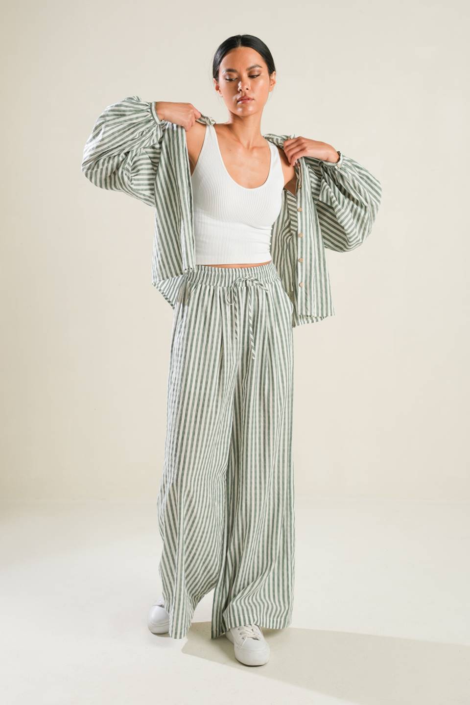 Striped Peasant Top With Long Blouson Sleeve Button Down And Matching Pants Flying Tomato