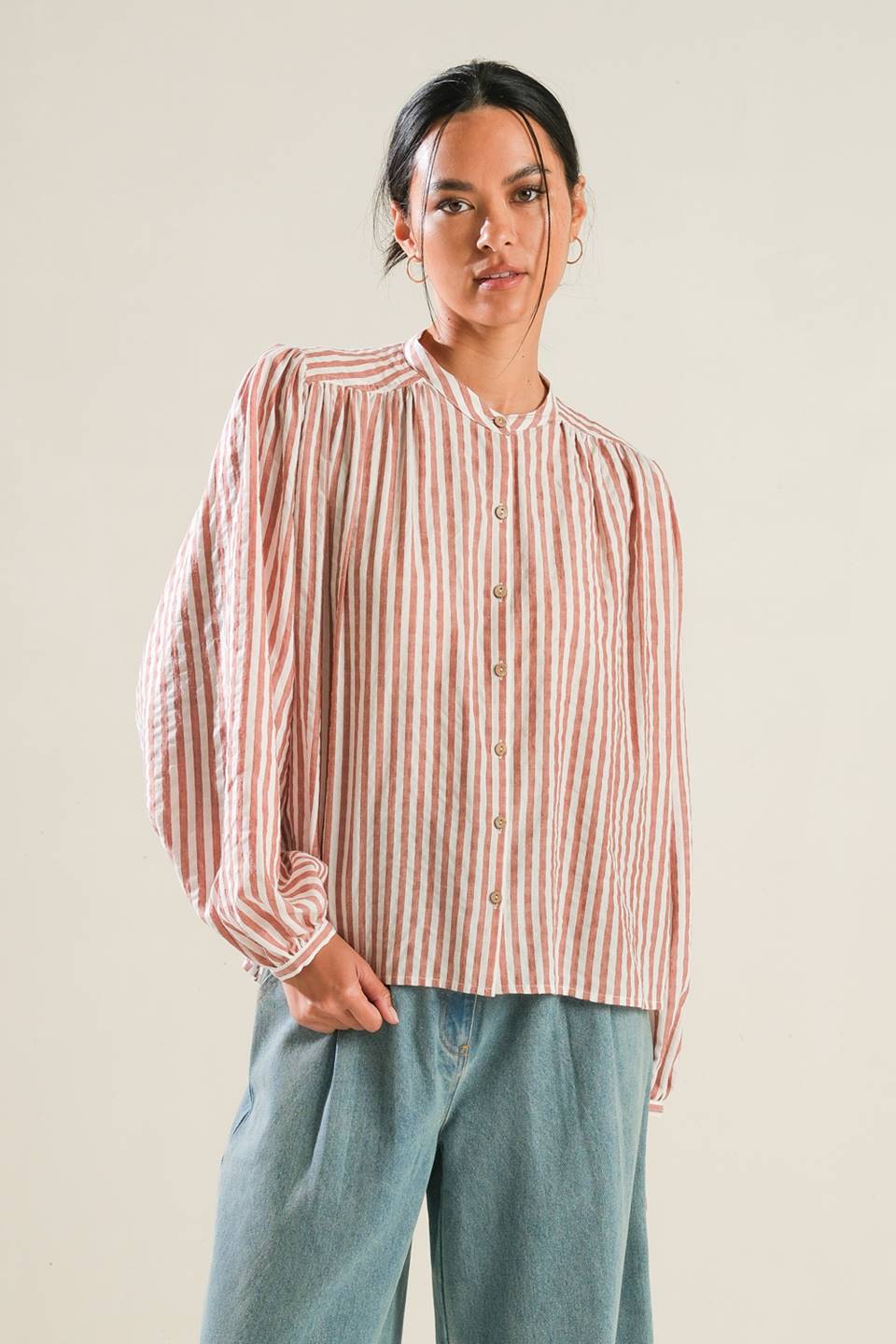 Striped Peasant Top With Long Blouson Sleeve Button Down And Matching Pants Flying Tomato