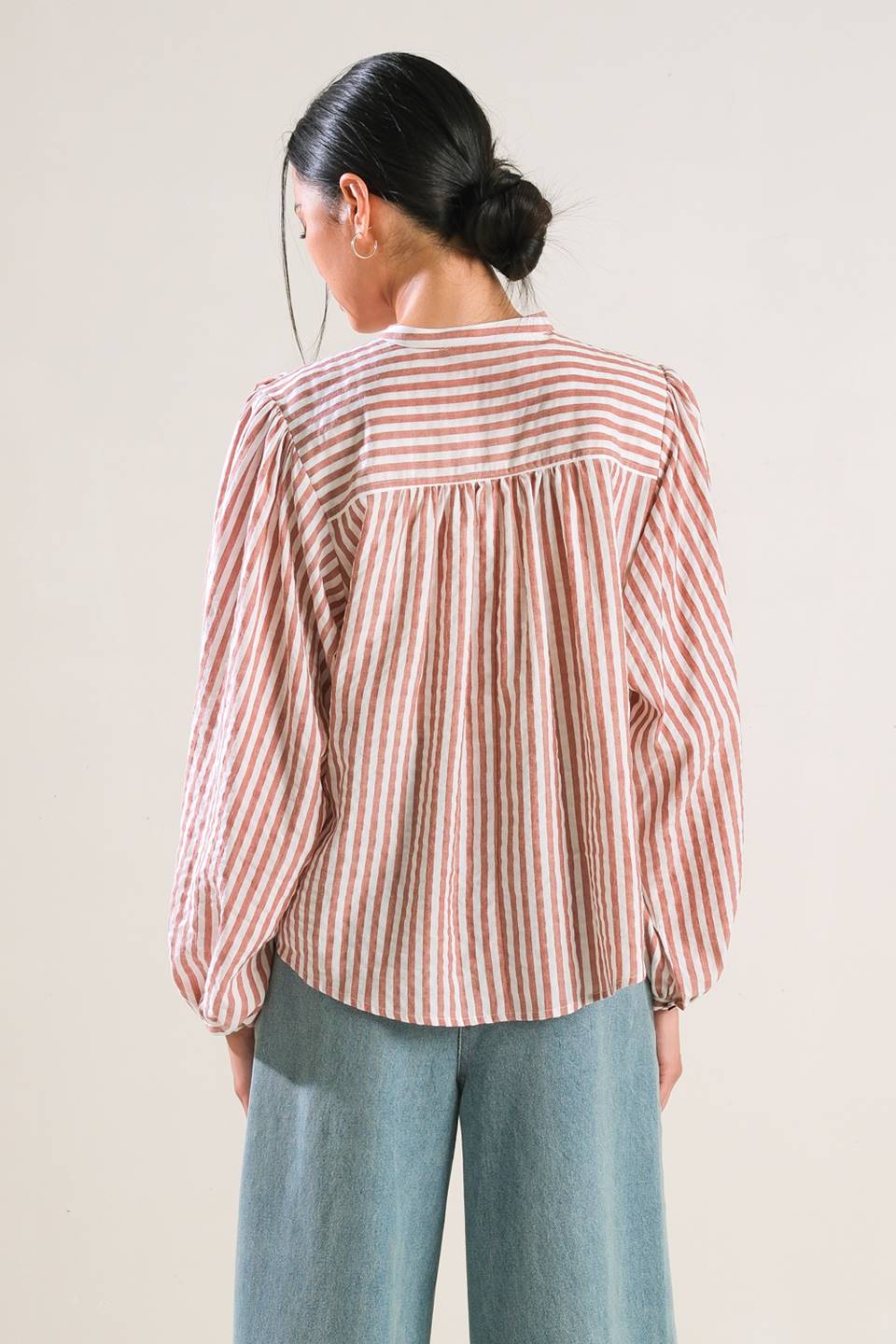 Striped Peasant Top With Long Blouson Sleeve Button Down And Matching Pants Flying Tomato