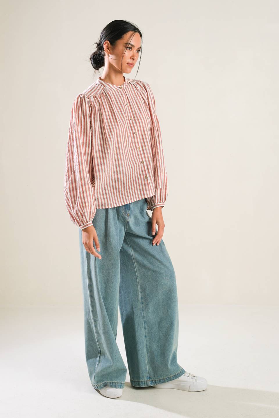 Striped Peasant Top With Long Blouson Sleeve Button Down And Matching Pants Flying Tomato