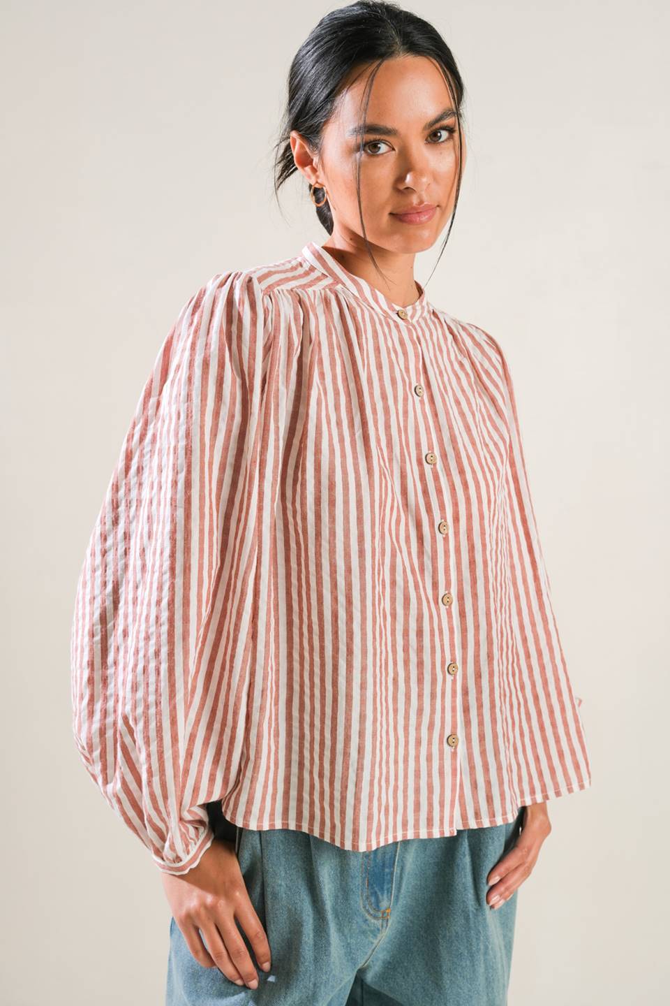 Striped Peasant Top With Long Blouson Sleeve Button Down And Matching Pants Flying Tomato
