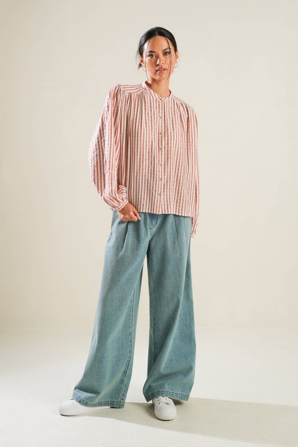 Striped Peasant Top With Long Blouson Sleeve Button Down And Matching Pants Flying Tomato