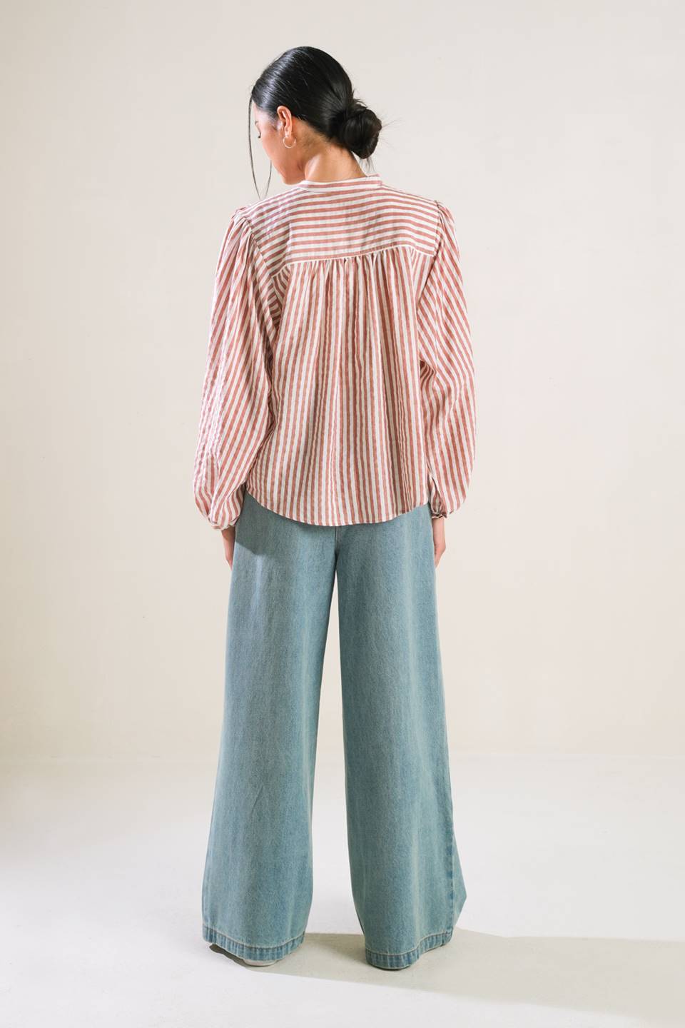 Striped Peasant Top With Long Blouson Sleeve Button Down And Matching Pants Flying Tomato