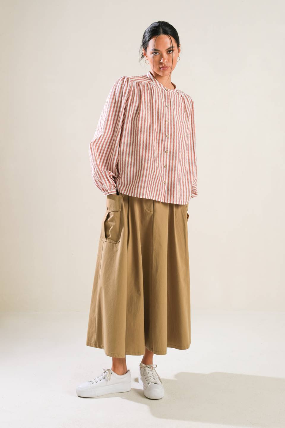 Striped Peasant Top With Long Blouson Sleeve Button Down And Matching Pants Flying Tomato