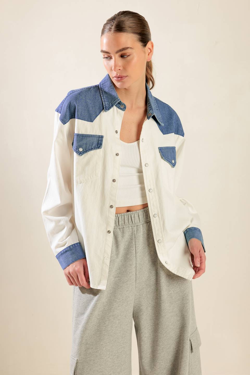 KEEP IT GOING WOVEN AND DENIM SHIRT Flying Tomato