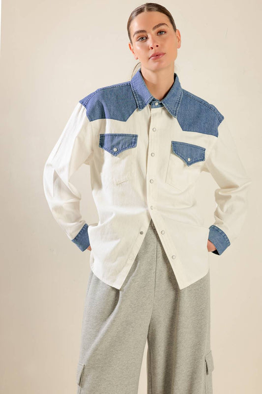 KEEP IT GOING WOVEN AND DENIM SHIRT Flying Tomato