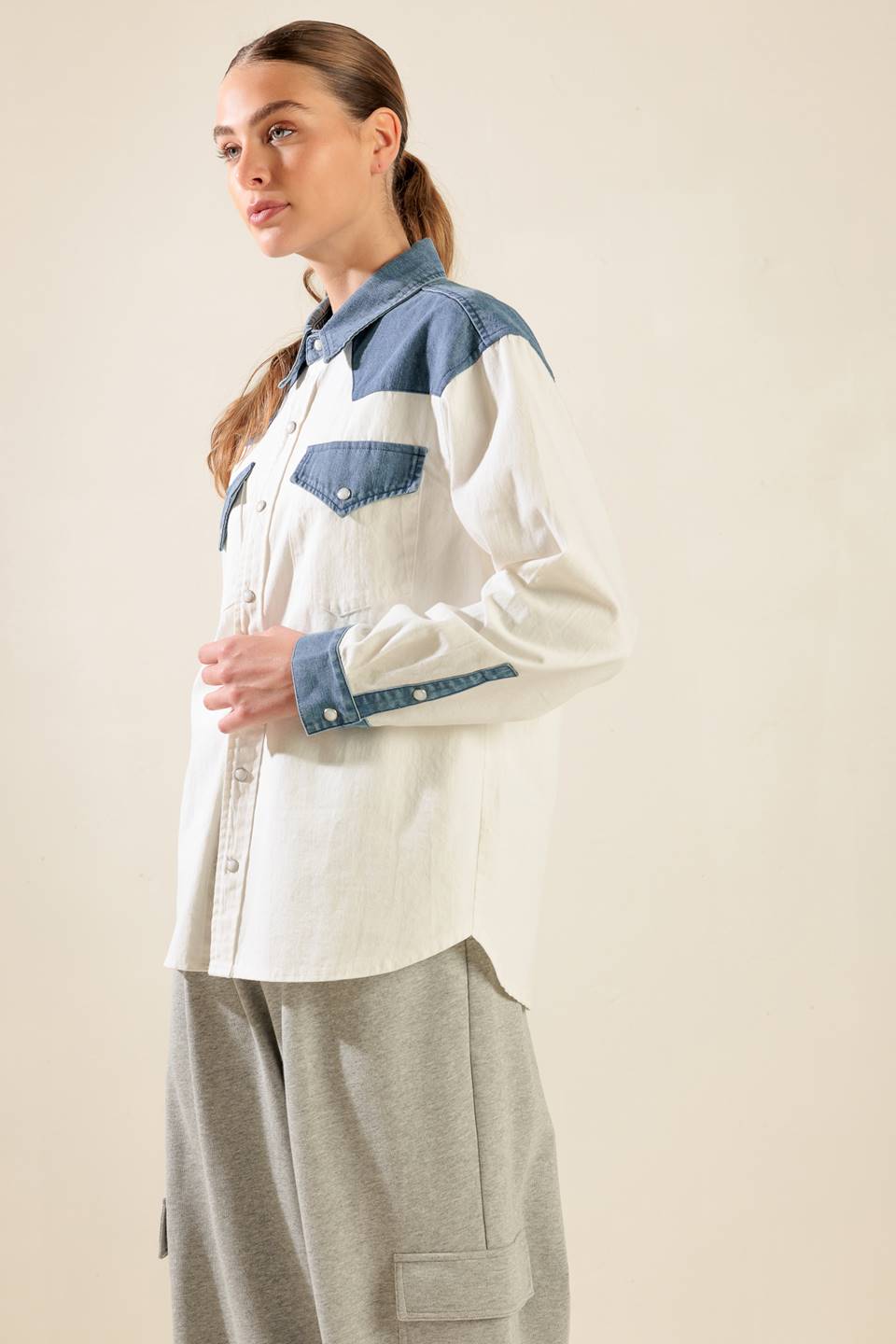 KEEP IT GOING WOVEN AND DENIM SHIRT Flying Tomato