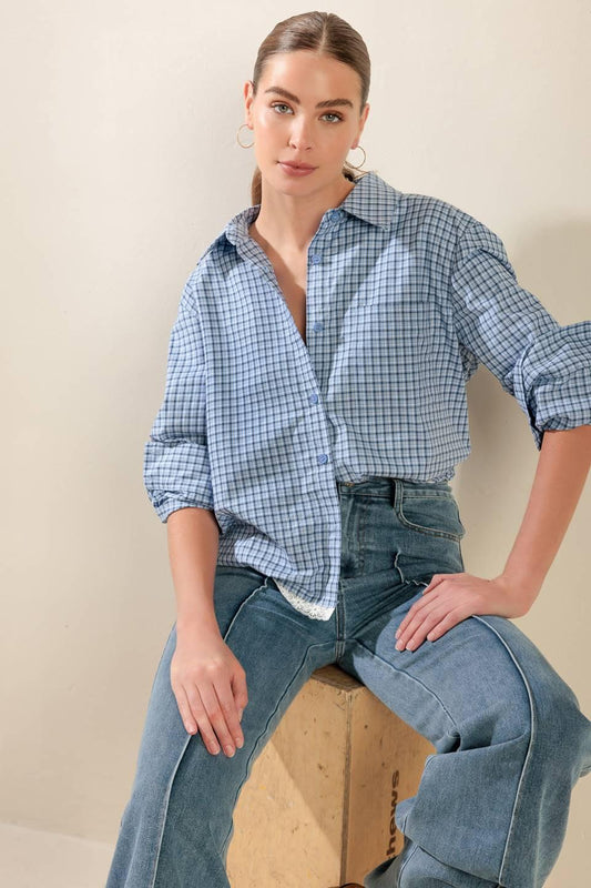 Flying Tomato Awaiting Love woven top in soft neutral tone with delicate embroidery and relaxed fit