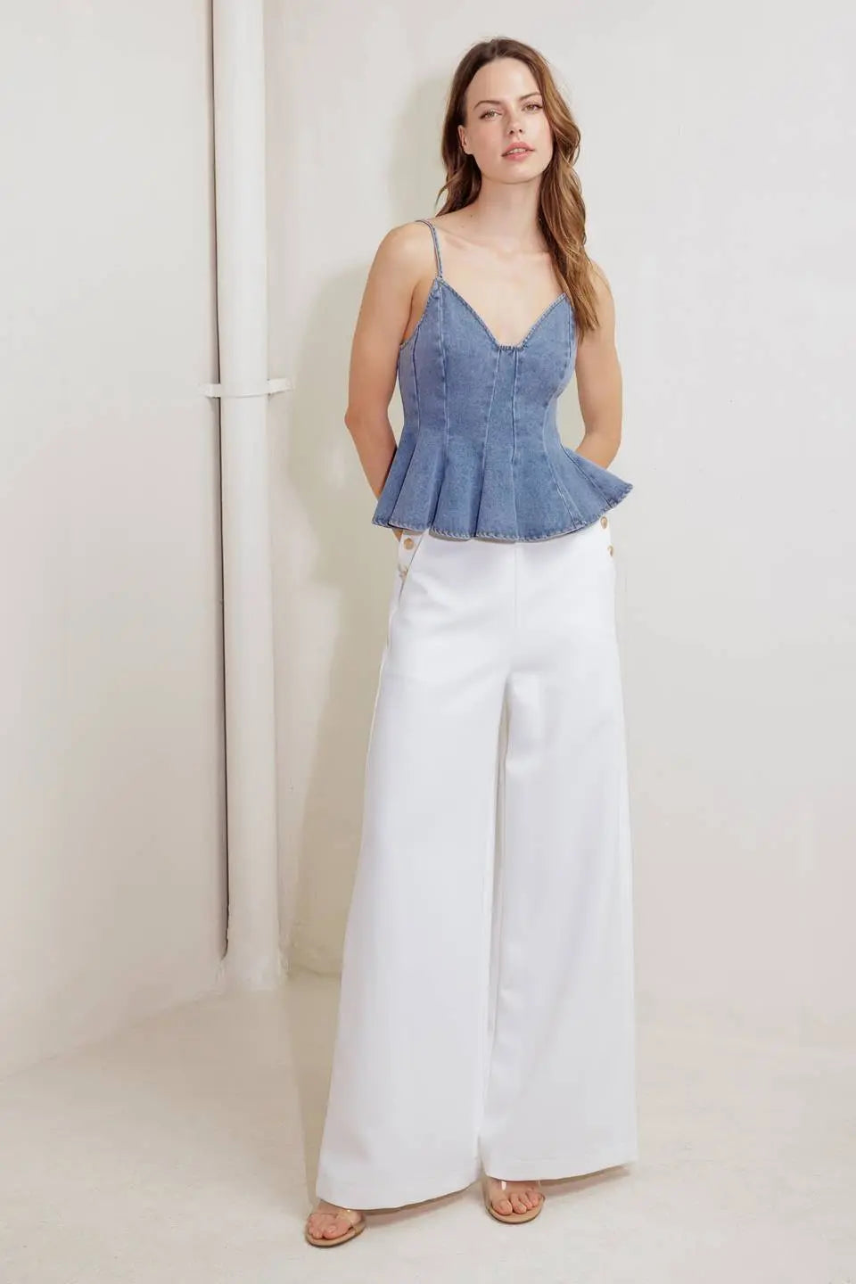 Sandy Waltz Light Denim Cami Top With Peplum Hem And Back Zipper Flying Tomato