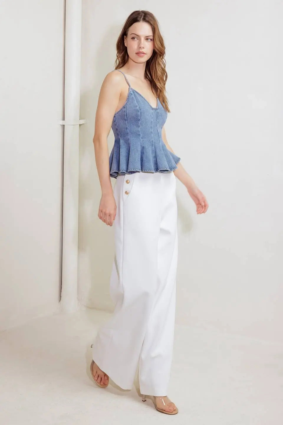 Sandy Waltz Light Denim Cami Top With Peplum Hem And Back Zipper Flying Tomato