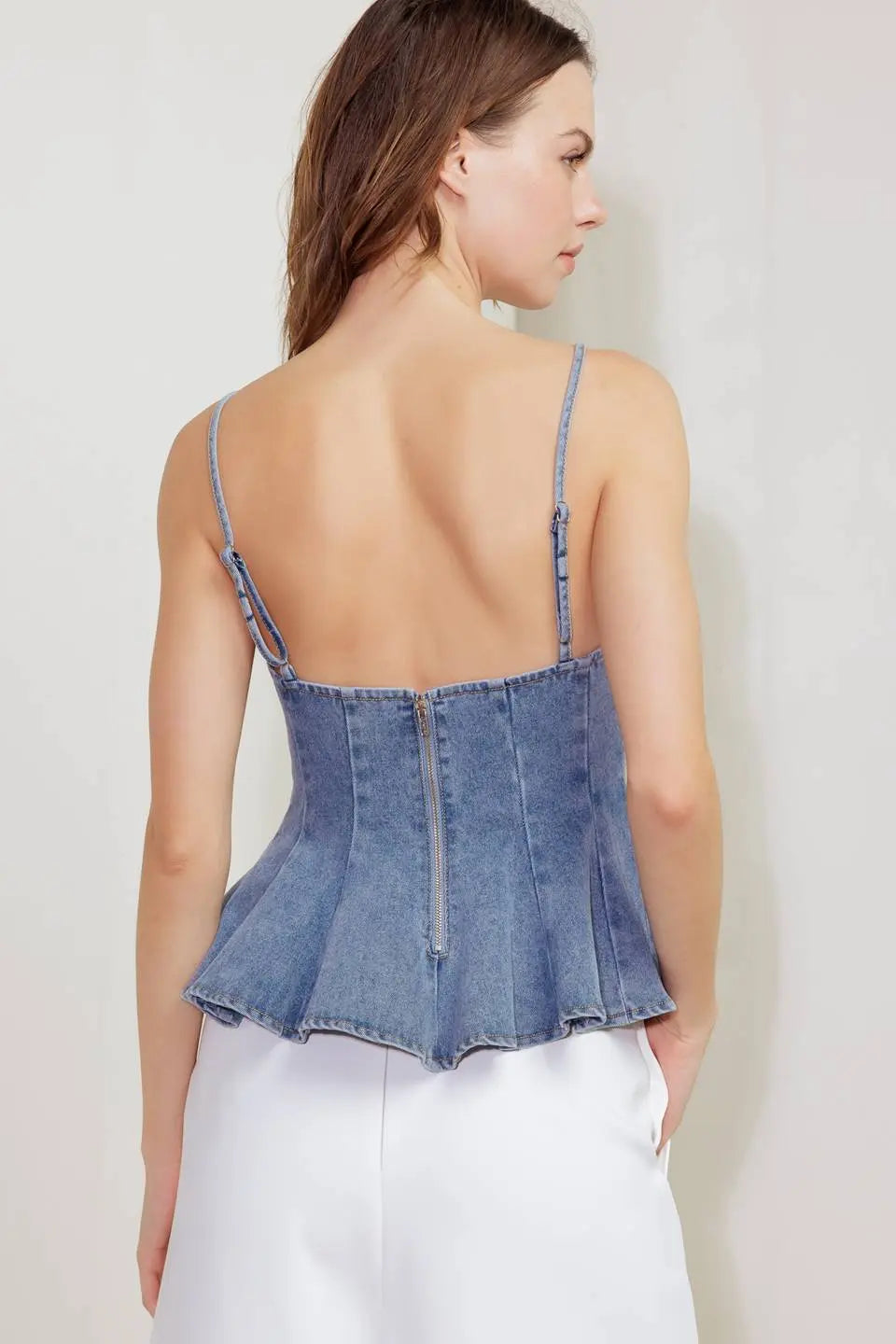 Sandy Waltz Light Denim Cami Top With Peplum Hem And Back Zipper Flying Tomato