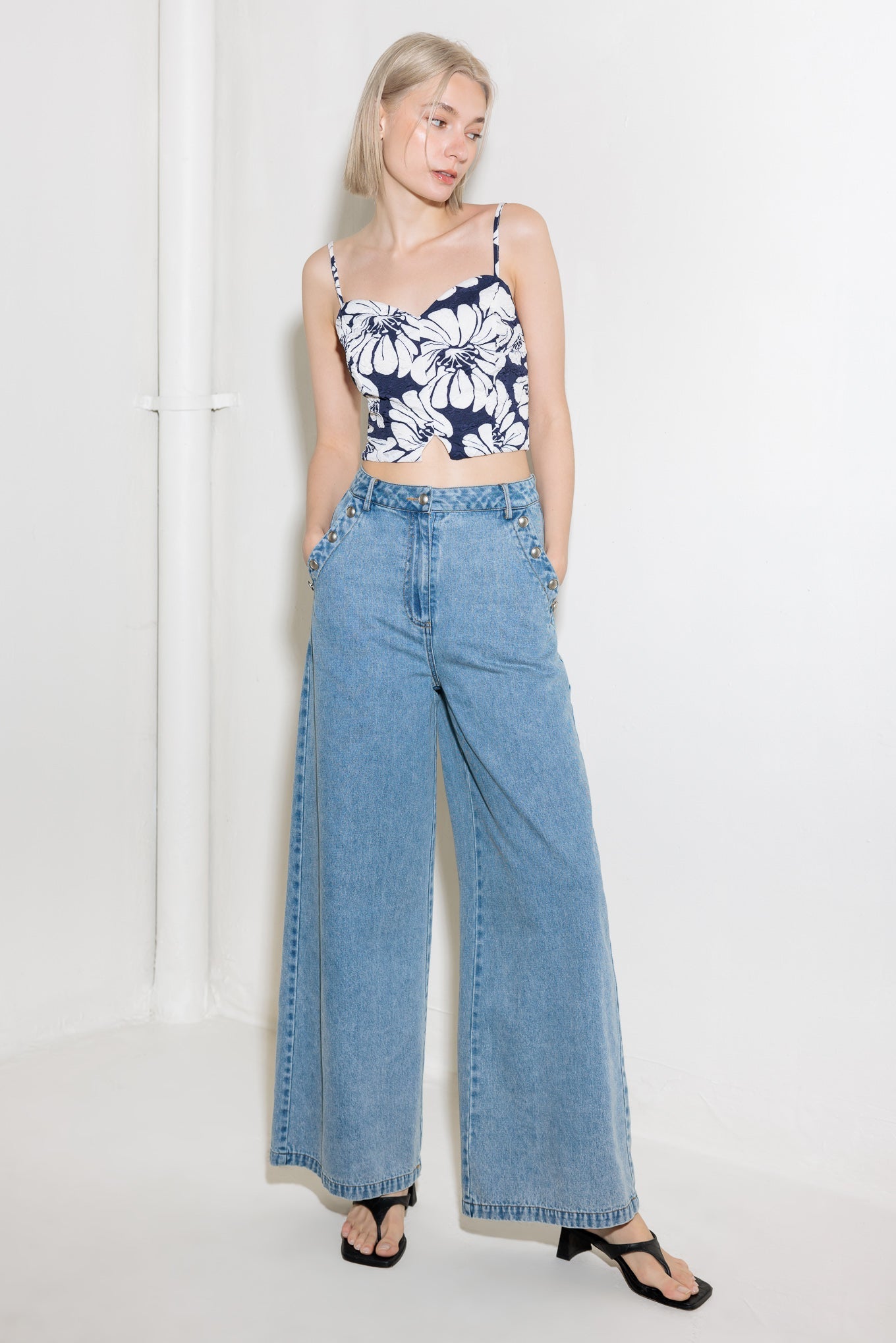 Plain Optimism Navy Woven Crop Top Sweetheart Neckline