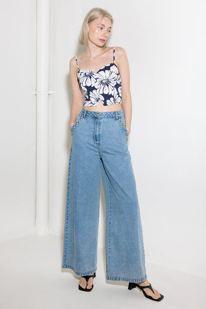 Plain Optimism Navy Woven Crop Top Sweetheart Neckline