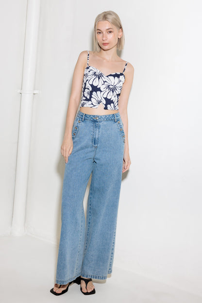 Plain Optimism Navy Woven Crop Top Sweetheart Neckline