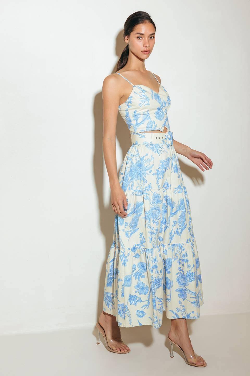 Model wearing the Flying Tomato Urban Charm Woven Cami Top and Skirt Set, styled for a chic, versatile look.