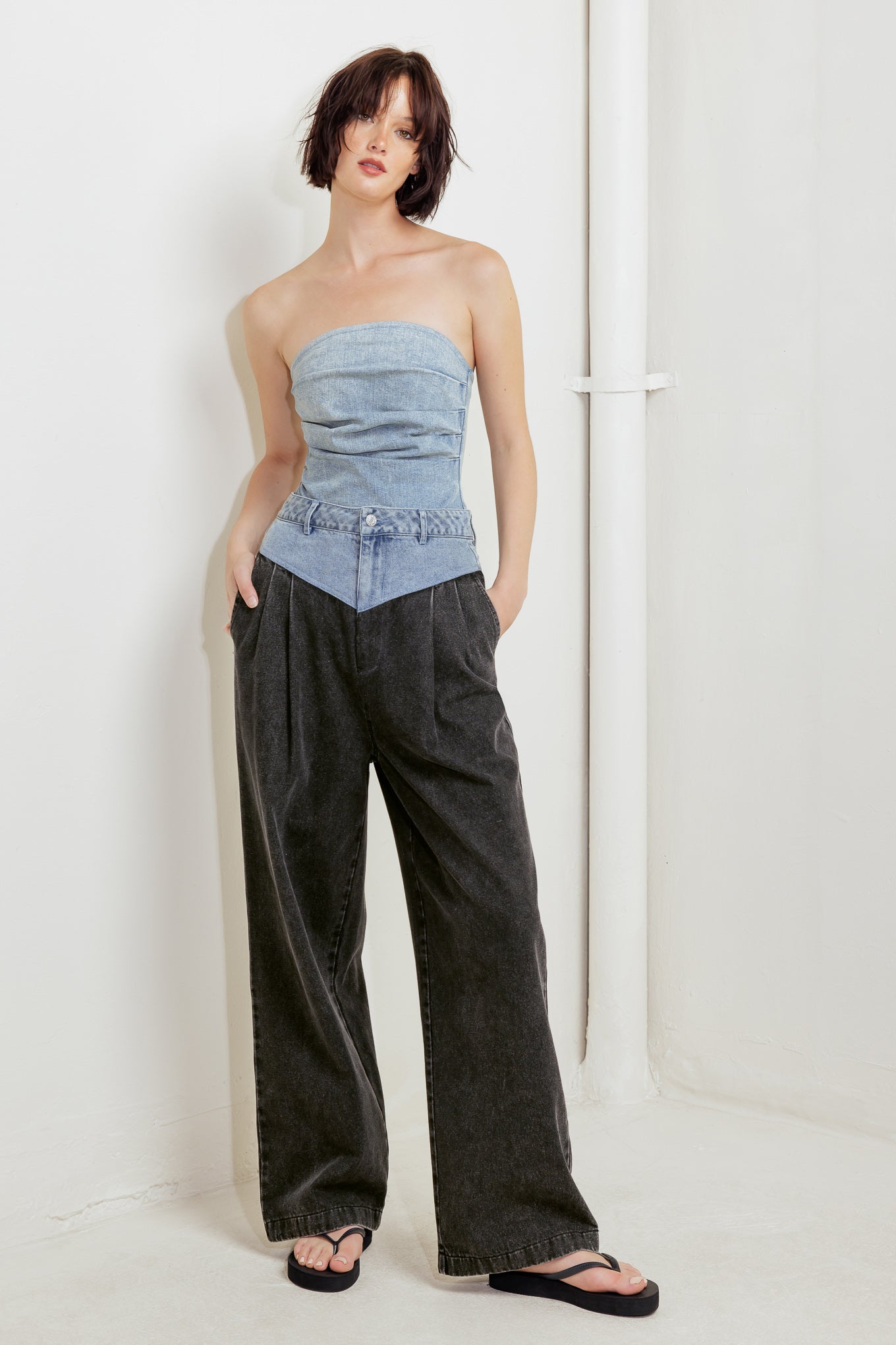 URBAN BONED CORSET DENIM BODYSUIT