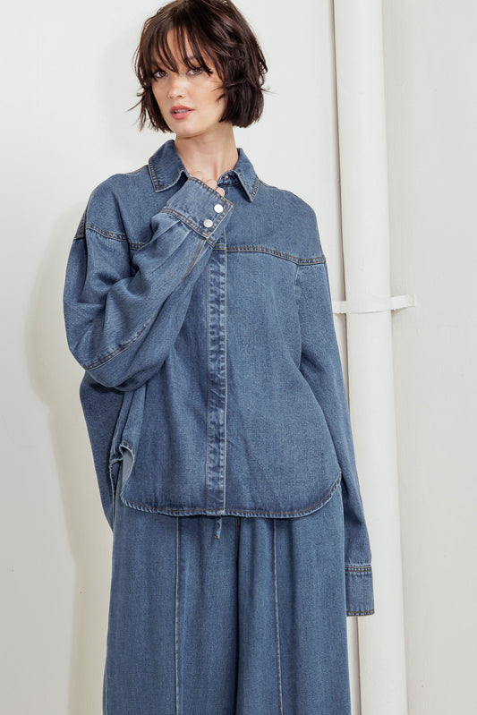 Offline Edge Indigo Denim Top Dropped Shoulder With Collar Hidden Button Closure Flying Tomato