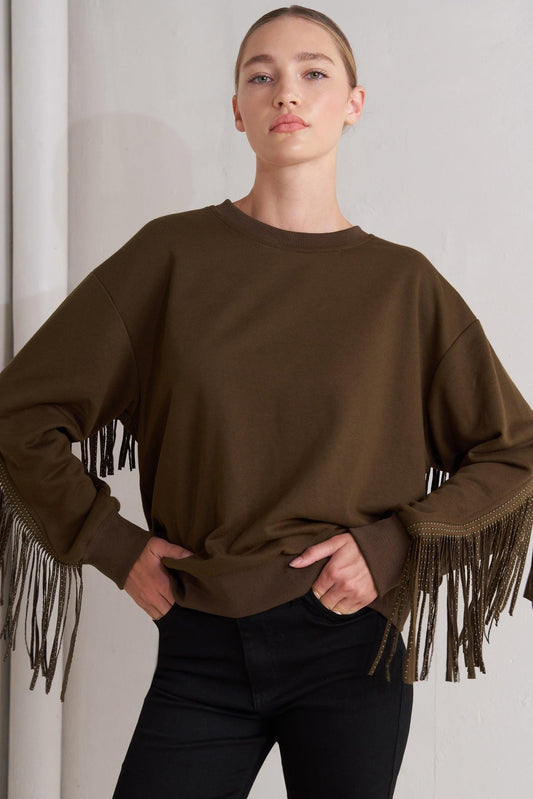 Flying Tomato Fringe City Pullover Knit Top, a stylish and comfortable women's top with unique fringe details.