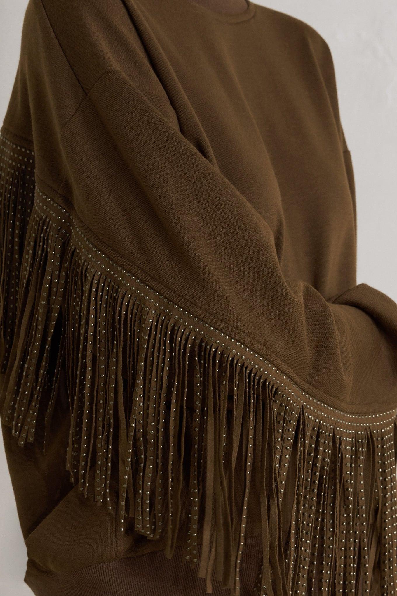 Back view of the Flying Tomato Fringe City Pullover Knit Top, revealing its comfortable, relaxed fit and contemporary appeal.