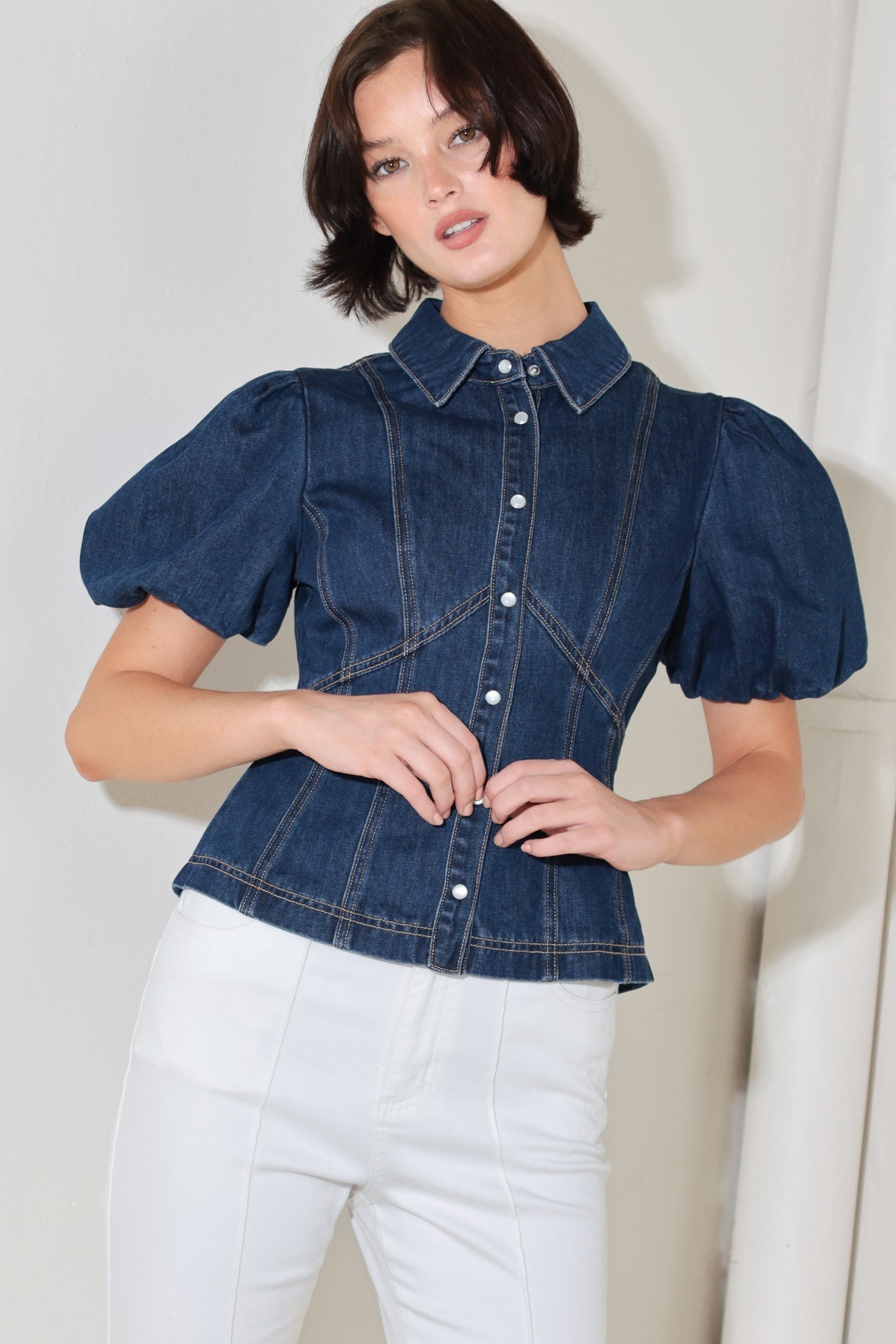 Cool Femme Denim Puff Sleeve Top With Collar And Button Down Flying Tomato