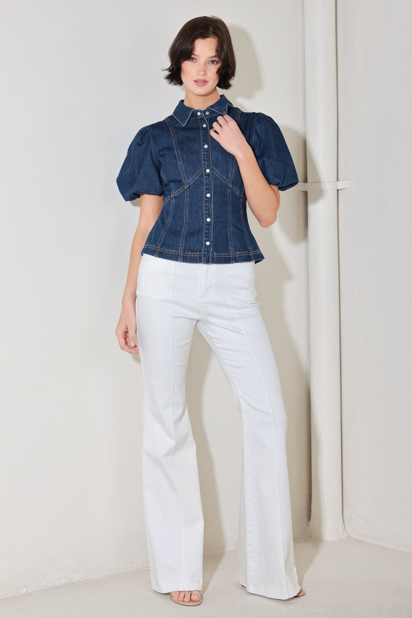 Cool Femme Denim Puff Sleeve Top With Collar And Button Down Flying Tomato