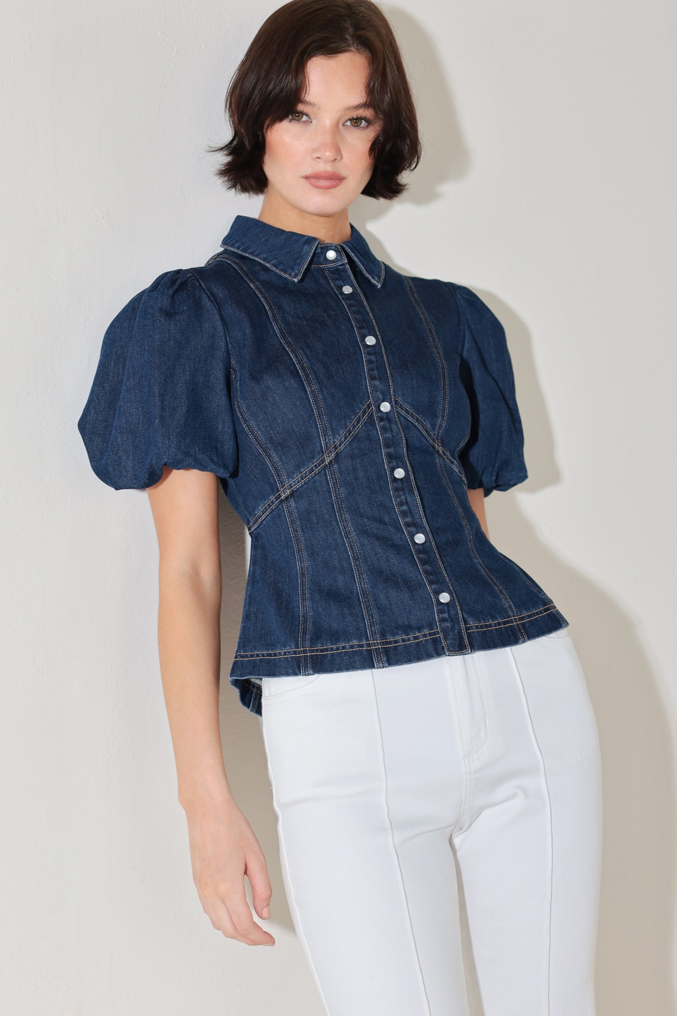Cool Femme Denim Puff Sleeve Top With Collar And Button Down Flying Tomato