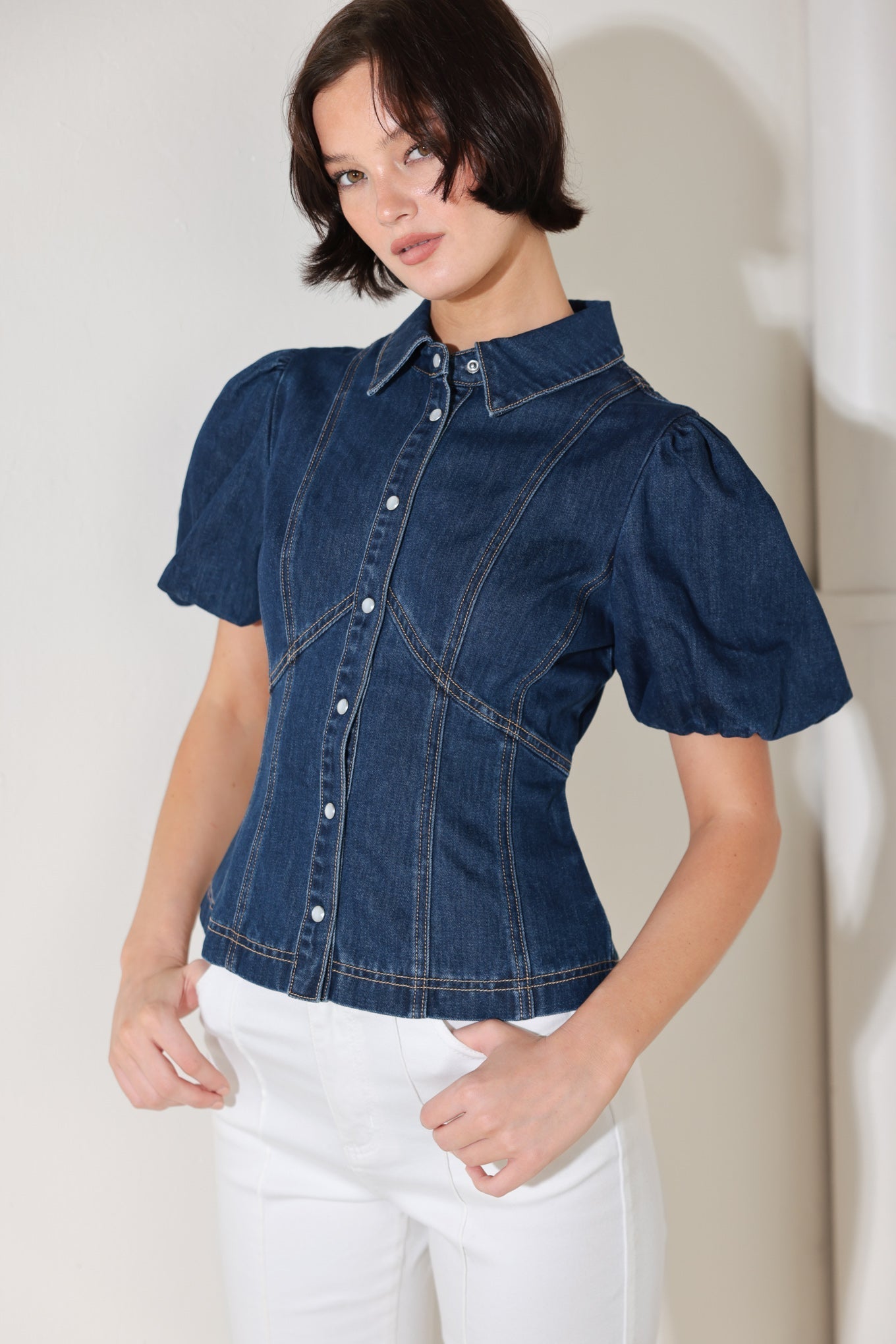 Cool Femme Denim Puff Sleeve Top With Collar And Button Down Flying Tomato